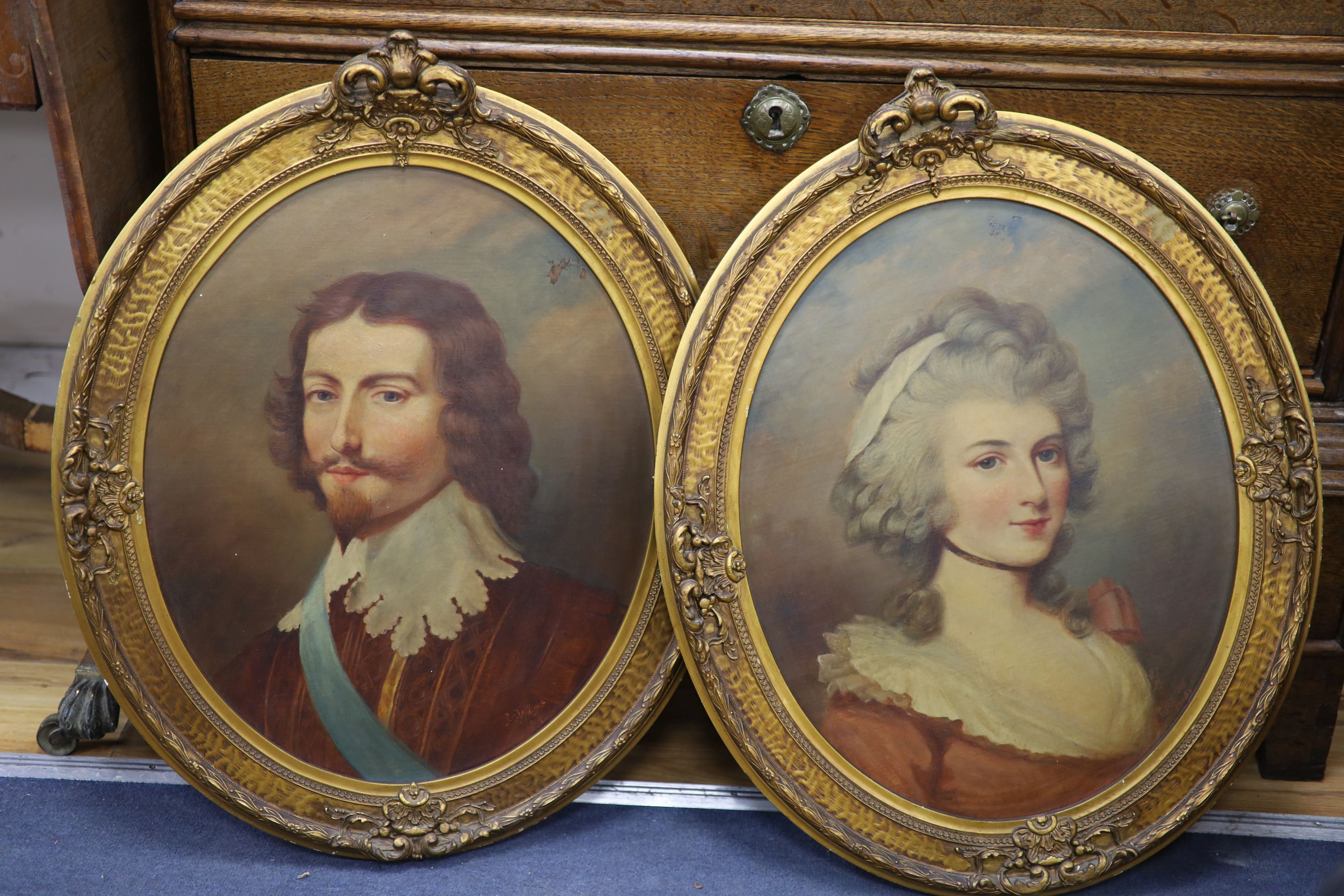 J.C.Walshe, pair of oils on board, Portraits of an 18th century lady and gentleman, signed and dated 1914, 49 x 39 cm.